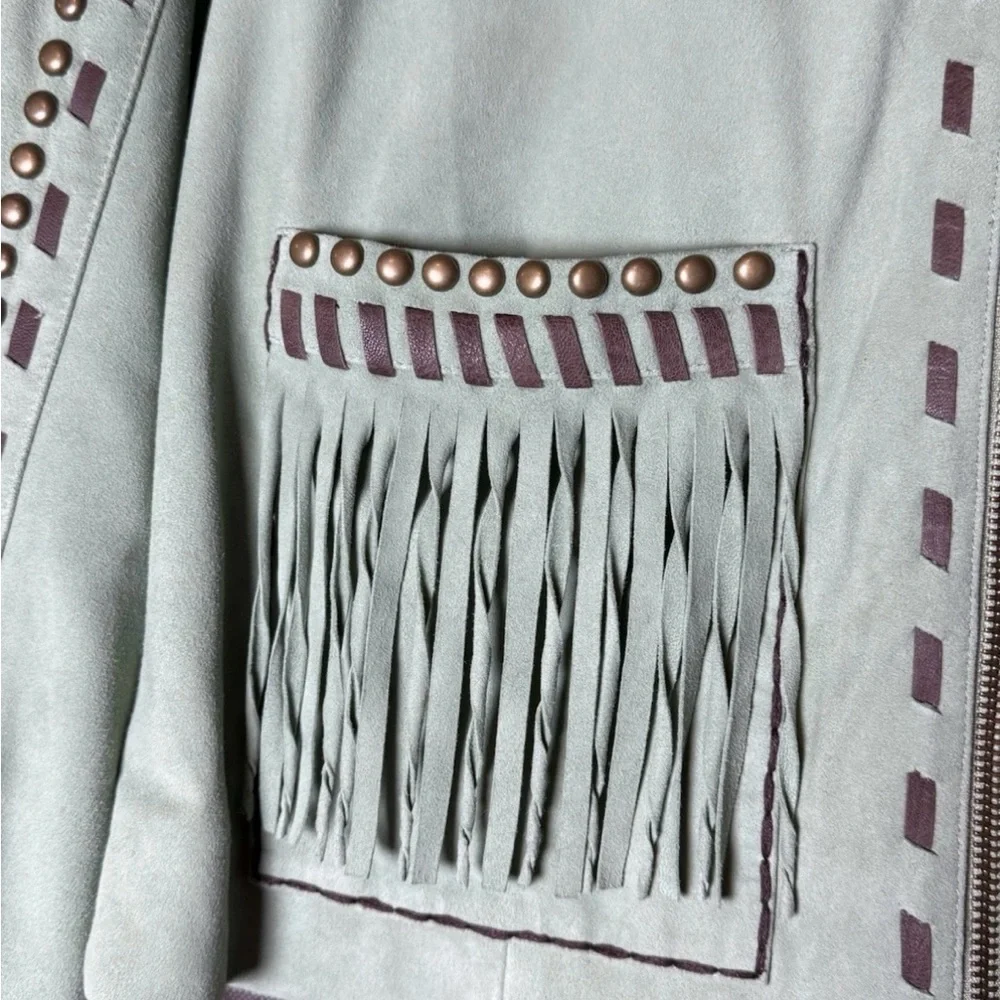 Double D Ranch Mint Suede Jacket with Fringe and Studs - Picture 7 of 15